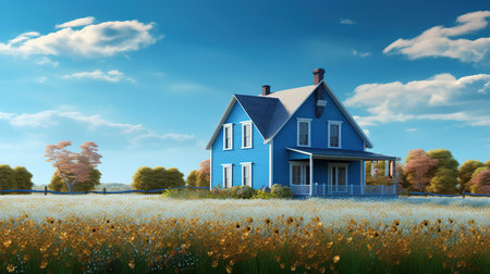 Blue house in the meadow with yellow flowers. 3d renderの素材
