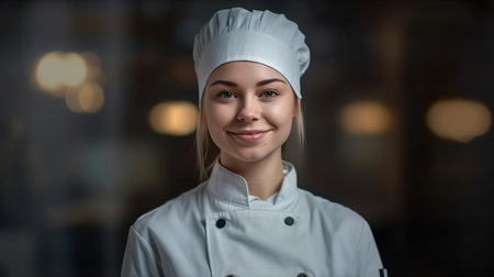 Portrait of young female chef looking at camera and smiling in restaurantの素材