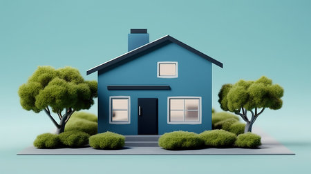 3d render of house with trees and grass on blue background.の素材