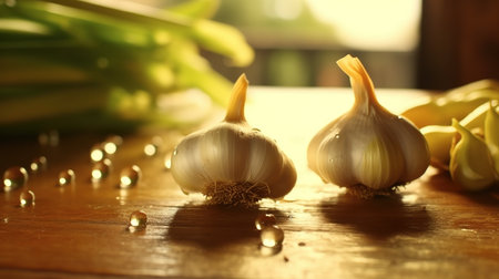 Garlic on wooden table, closeup. Healthy food concept.の素材