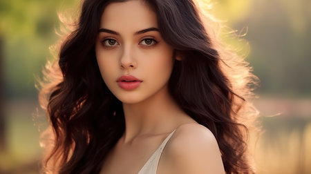 beautiful young woman with long curly hair and red lips looking at cameraの素材