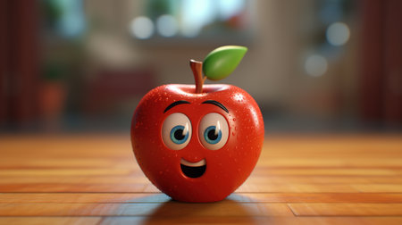 Red apple with smiley face on wooden table. 3d illustrationの素材