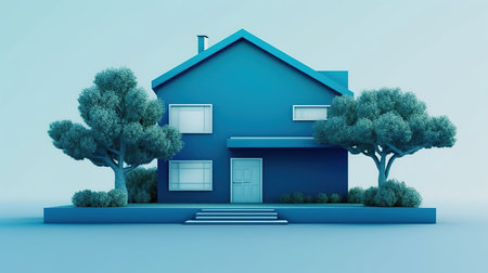 3D render of a blue house with trees and bushes on a blue backgroundの素材