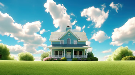 3D render of a beautiful house on green grass with blue skyの素材