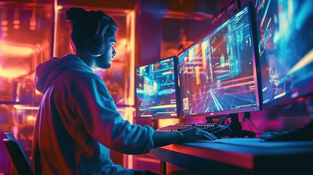 Side view of male gamer playing online video games on computer in neon lightの素材