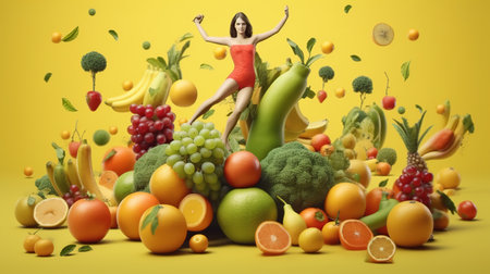 Fruits and vegetables with young woman in swimsuit on a yellow backgroundの素材