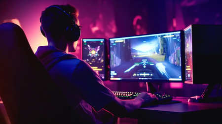 Young man playing video games at home in neon light. The concept of cyber sportの素材