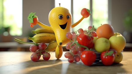 Funny fruit character with fresh fruits and vegetables on kitchen table.の素材