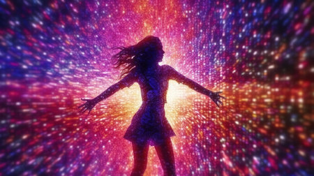 3d illustration of a beautiful girl in a dress dancing on a colorful backgroundの素材