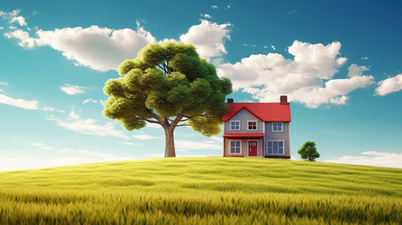 House on the green field with tree and blue sky. 3D renderingの素材