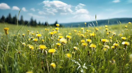 Beautiful spring meadow with yellow dandelions and blue skyの素材