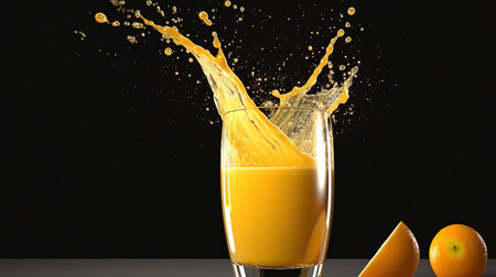 Glass of fresh orange juice with splashes on table against black backgroundの素材
