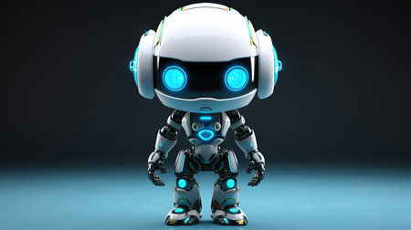 3D render of a robot with headphones isolated on a dark backgroundの素材