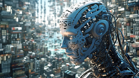 Cyborg head on abstract city background. 3D Rendering.の素材