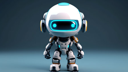 3D render of a robot with headphones on a blue background.の素材