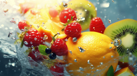 Fresh fruits and berries in water splash on dark background, closeupの素材