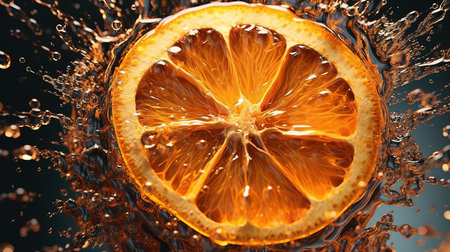 Slices of orange in water on a dark background close upの素材