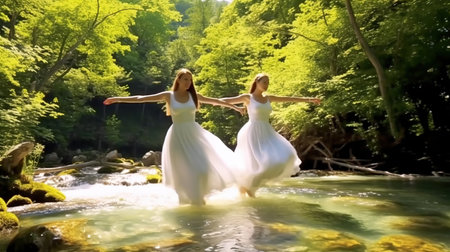 Two beautiful girls in white dresses jumping in a mountain stream in the forestの素材