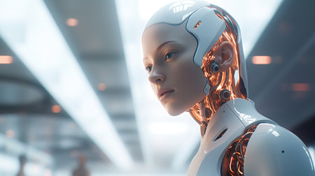 3d rendering humanoid robot working in modern office space, artificial intelligence conceptの素材