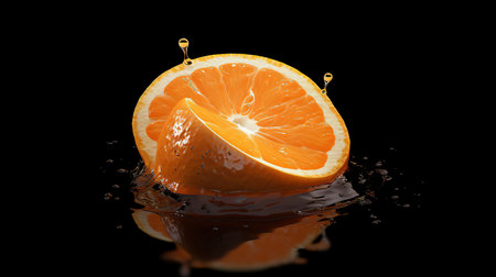 Slice of orange falling into water, isolated on black background.の素材