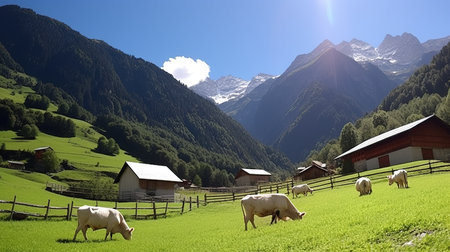 Alpine meadow with cows and mountains in the background, Switzerlandの素材