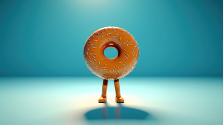 Orange donut standing in front of a blue background. 3d renderingの素材