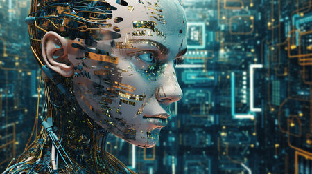 Cyborg woman face 3D rendering on dark background with binary codeの素材