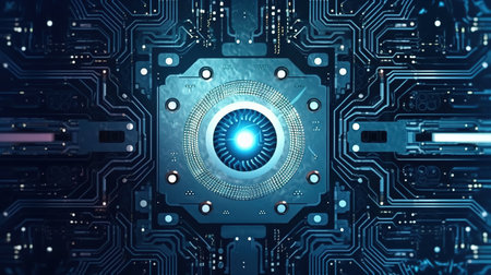 Futuristic blue circuit board background. 3d rendering toned imageの素材