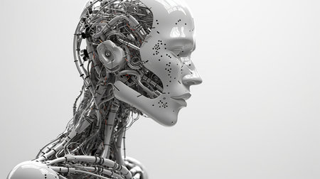 3d rendering of artificial intelligence robot in gray background with copy spaceの素材