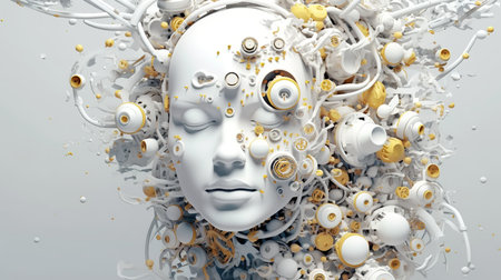 3d rendering of a female robot head surrounded by white and yellow spheresの素材