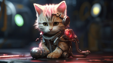 Cute cat with astronaut helmet and spaceship on a dark background.の素材