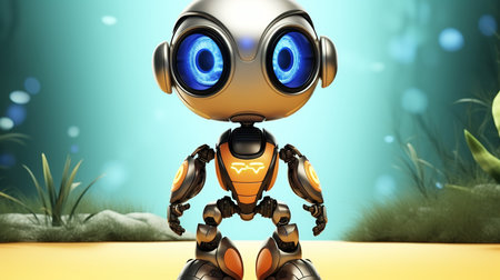 3d rendering of little robot with blue eyes on green background.の素材