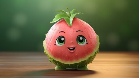 Watermelon character with face expression on wooden table. 3d illustrationの素材
