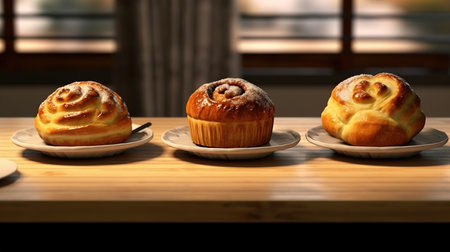 Three buns on a wooden table in a cafe, close-upの素材