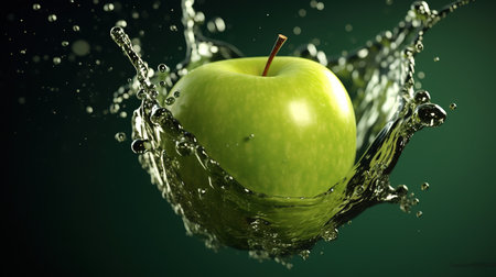 Green apple with water splash on green background. 3d illustration.の素材