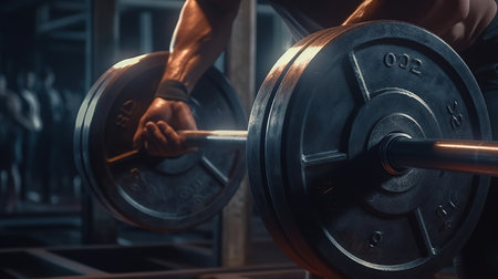 Muscular man lifting dumbbells in the gym. Close up.の素材