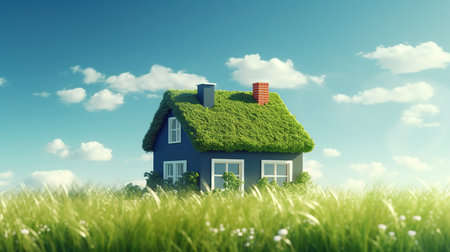 House with grass roof on blue sky background. 3D rendering.の素材