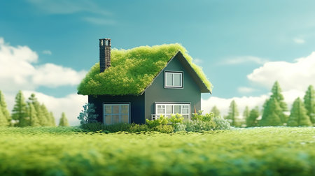 House with green grass and chimney. Eco concept. 3d renderの素材
