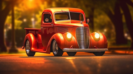 Old classic car on the road at night. 3D rendering.の素材