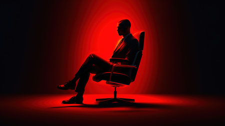 Silhouette of a man sitting in a chair on a red backgroundの素材