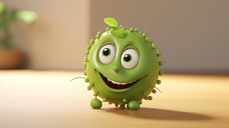 Smiling green virus with eyes and mouth on a wooden table.の素材