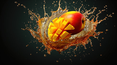 Mango fruit in water splash, 3d rendering. Computer digital drawing.の素材