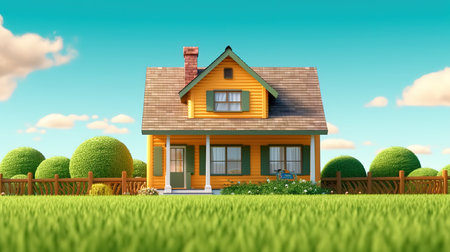 3d render of cottage in the garden with grass and blue skyの素材