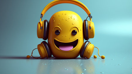 3d illustration of yellow smiley with headphones on blue background.の素材