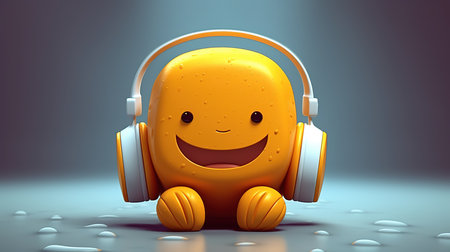 3d rendering of a yellow smiley with headphones on gray backgroundの素材