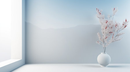 White vase with a white flower on the windowsill. 3D renderingの素材