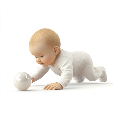 Baby crawling with ball isolated on white background. 3D rendering.の素材
