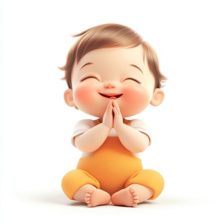 cute little boy praying isolated on white background, 3d renderingの素材