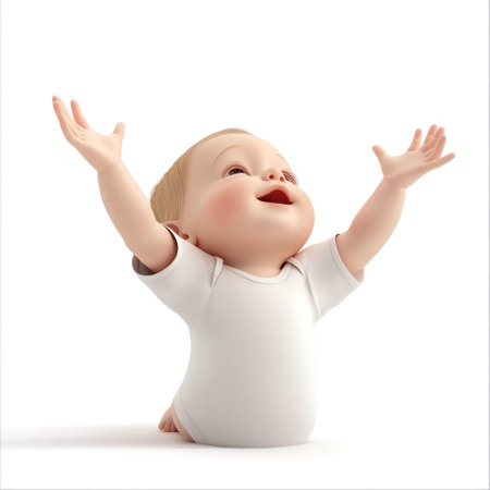 3d rendering of a cute baby with hands up isolated on white backgroundの素材