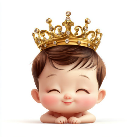 Cute baby boy with golden crown isolated on white background. Vector illustration.の素材